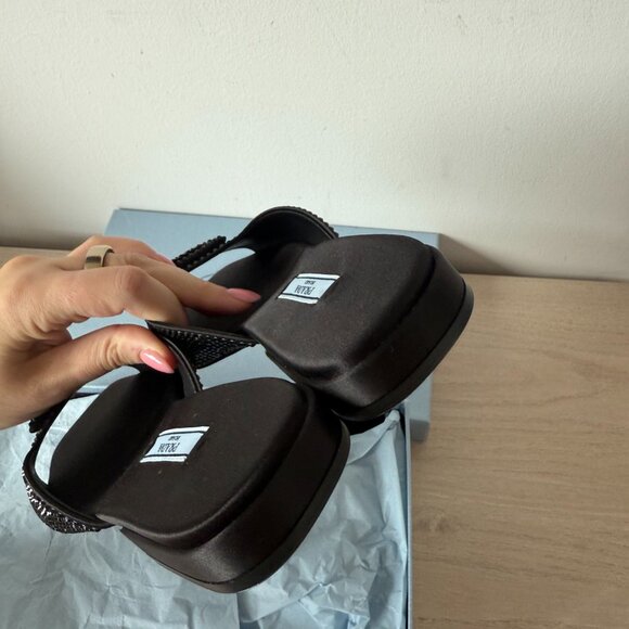 NWT Prada Slide Sandals Black Satin Crystal Embellishment Allover Triangle Logo - Picture 10 of 12